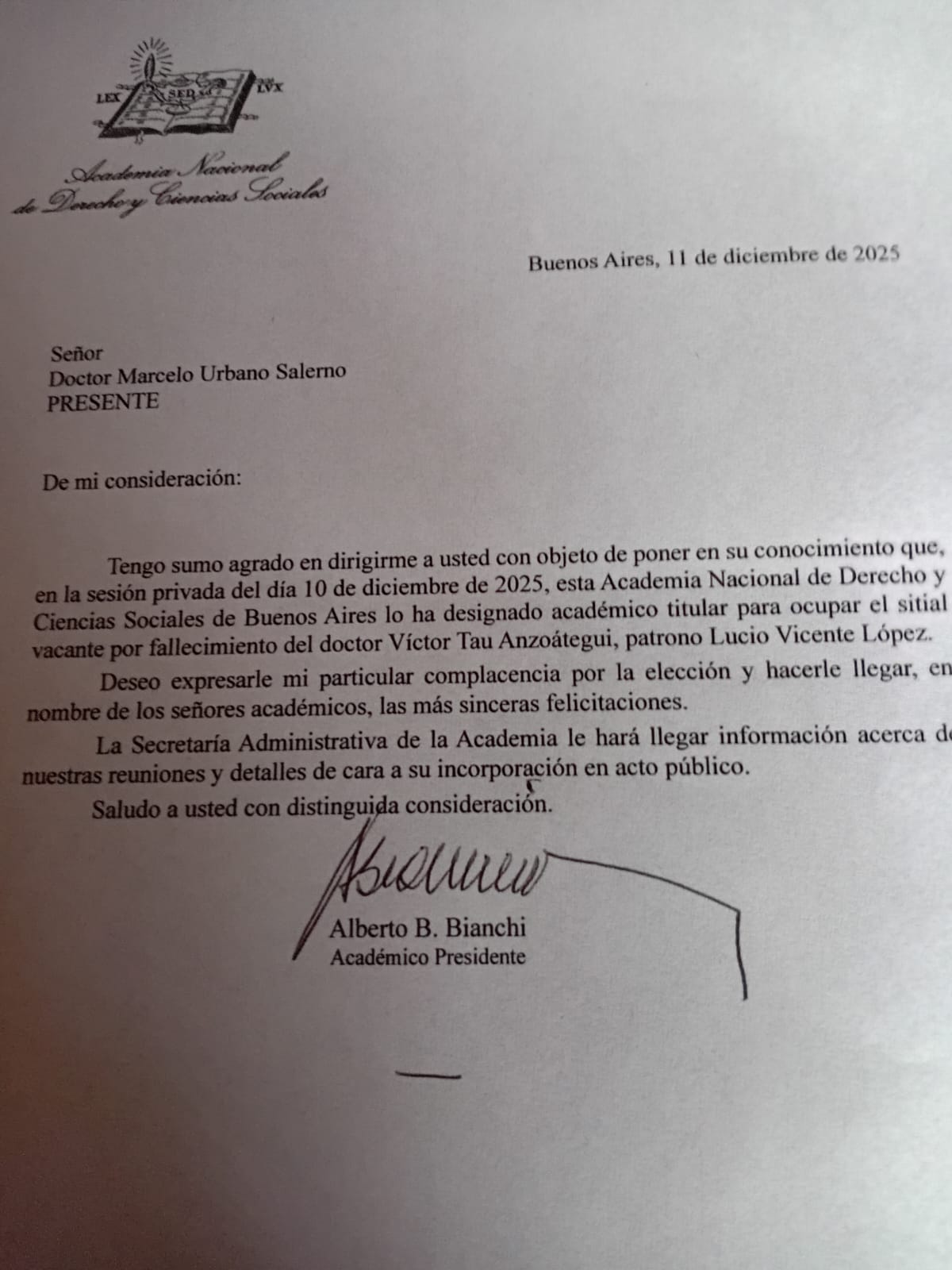 Designación del Dr. Marcelo Urbano Salerno como Académico Titular de la Academia Nacional de Derecho y Ciencias Sociales de Buenos Aires